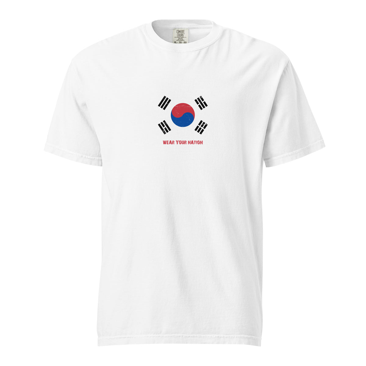 South Korea flag t-shirt in White, vintage-washed print, large flag on the chest, unisex cut, front view
