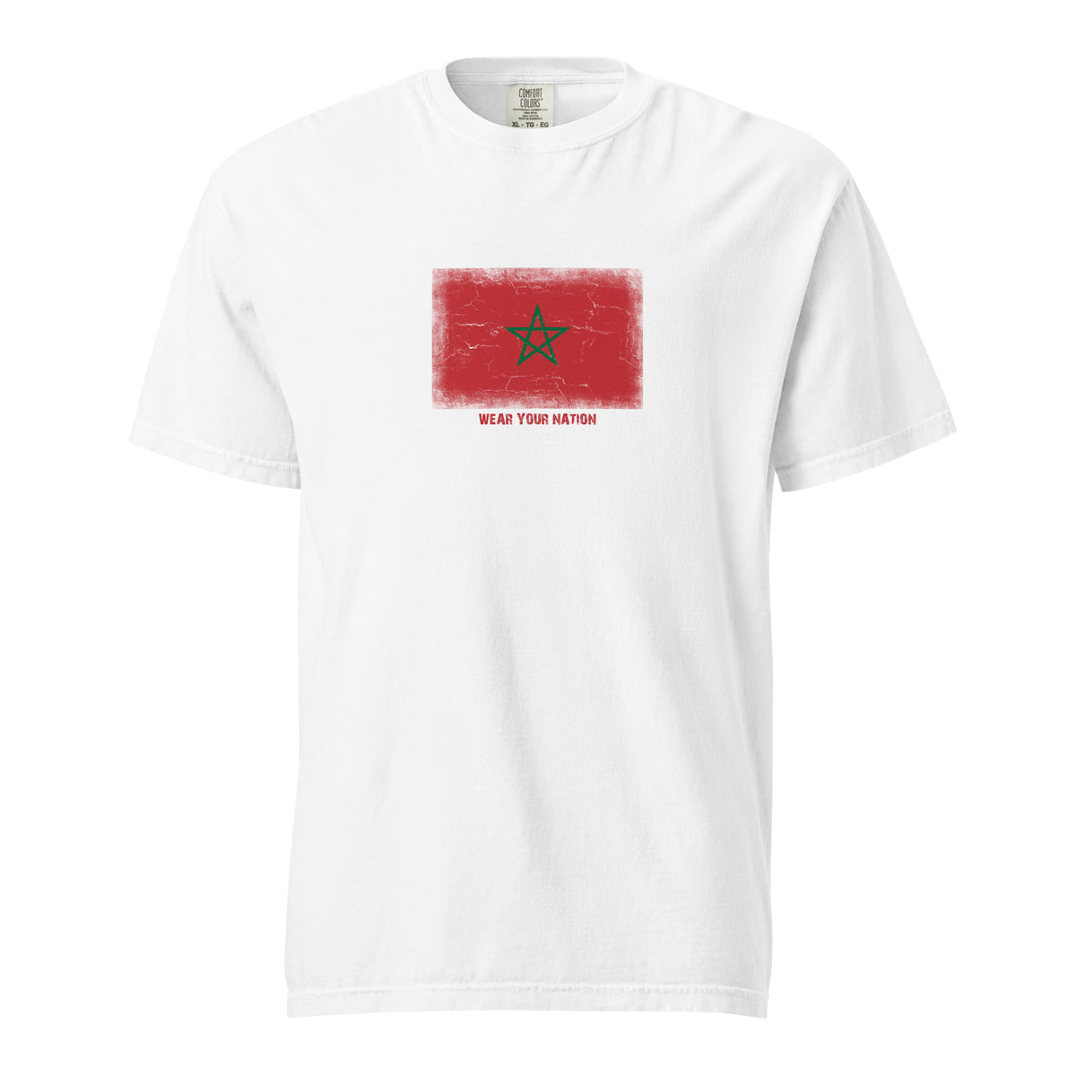 Morocco flag t-shirt in White, vintage-washed print, large flag on the chest, unisex cut, front view