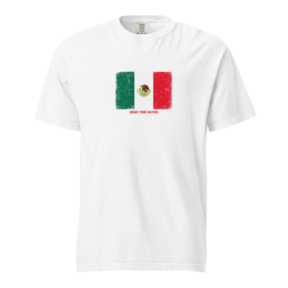 Mexico flag t-shirt in White, vintage-washed print, large flag on the chest, unisex cut, front view