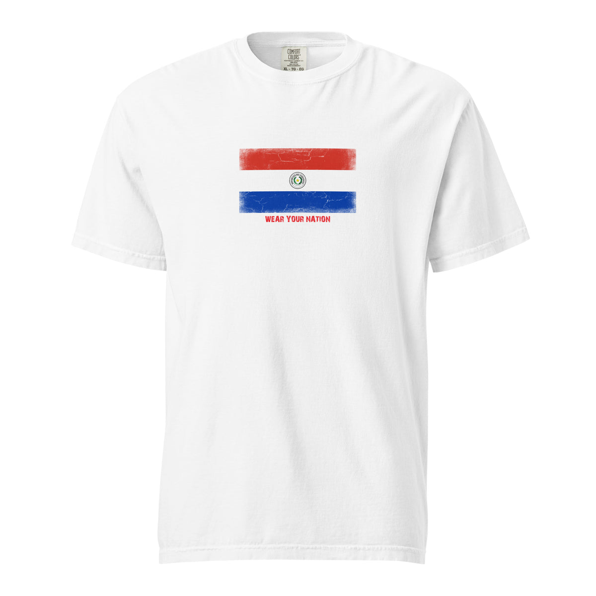 Paraguay flag t-shirt in White, vintage-washed print, large flag on the chest, unisex cut, front view