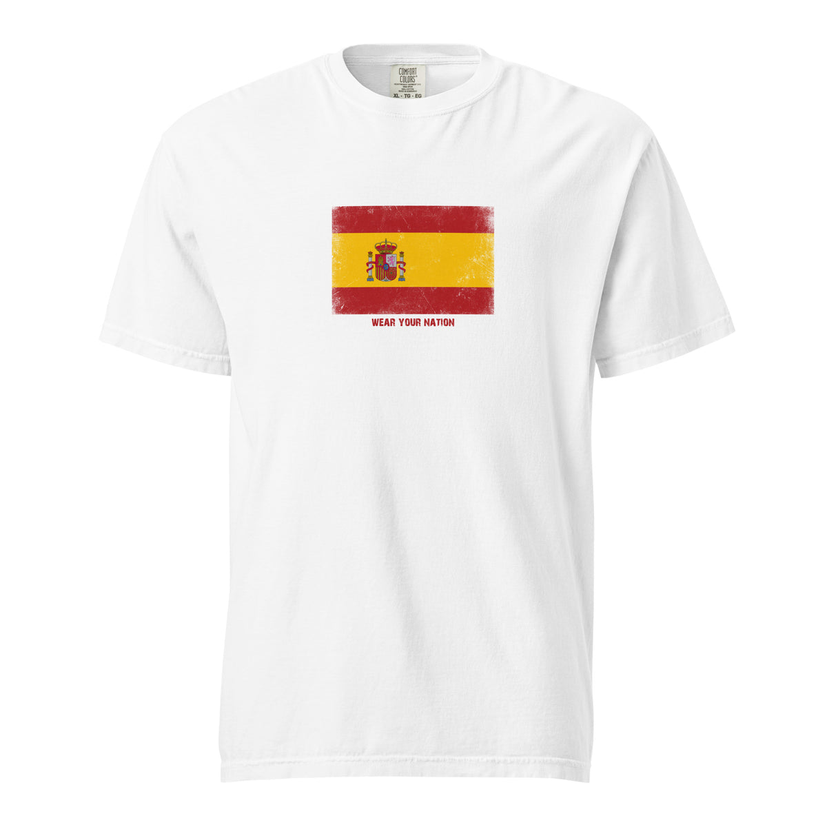 Spain flag t-shirt in White, vintage-washed print, large flag on the chest, unisex cut, front view