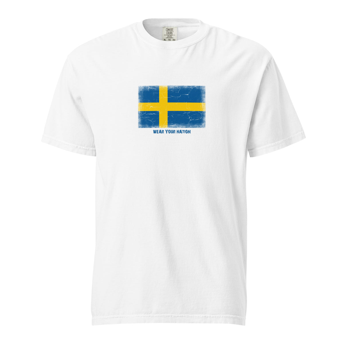 Sweden flag t-shirt in White, vintage-washed print, large flag on the chest, unisex cut, front view