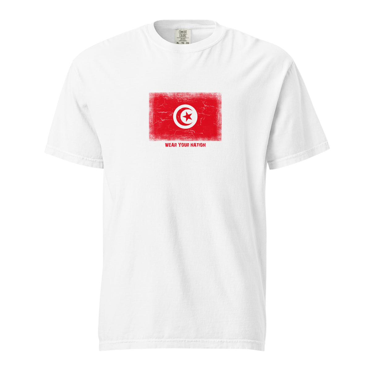 Tunisia flag t-shirt in White, vintage-washed print, large flag on the chest, unisex cut, front view