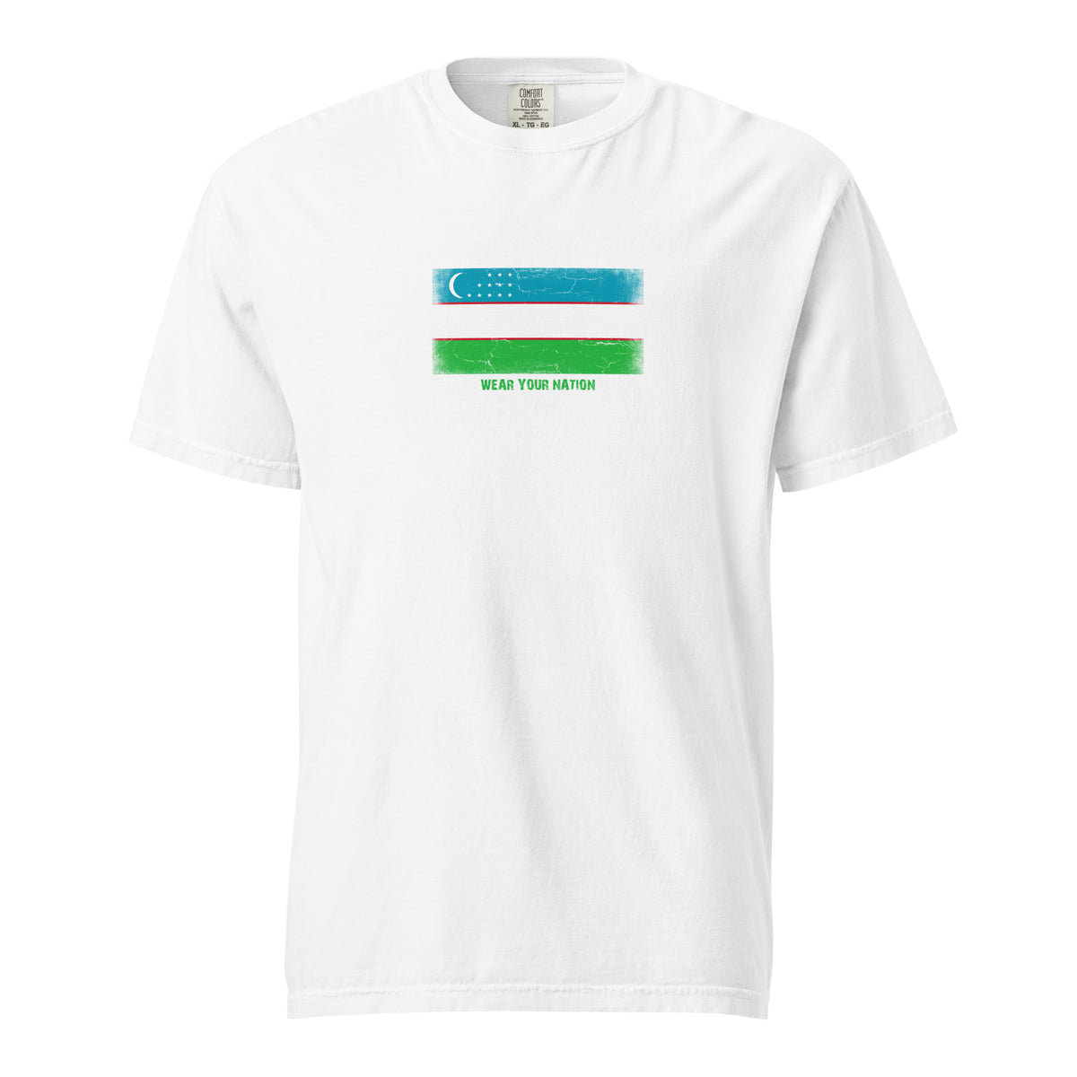 Uzbekistan flag t-shirt in White, vintage-washed print, large flag on the chest, unisex cut, front view