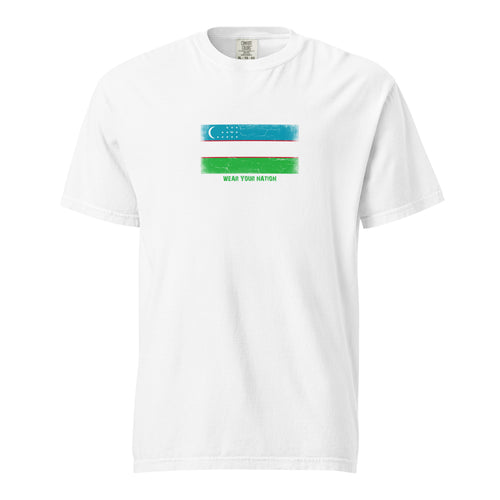 Uzbekistan flag t-shirt in White, vintage-washed print, large flag on the chest, unisex cut, front view