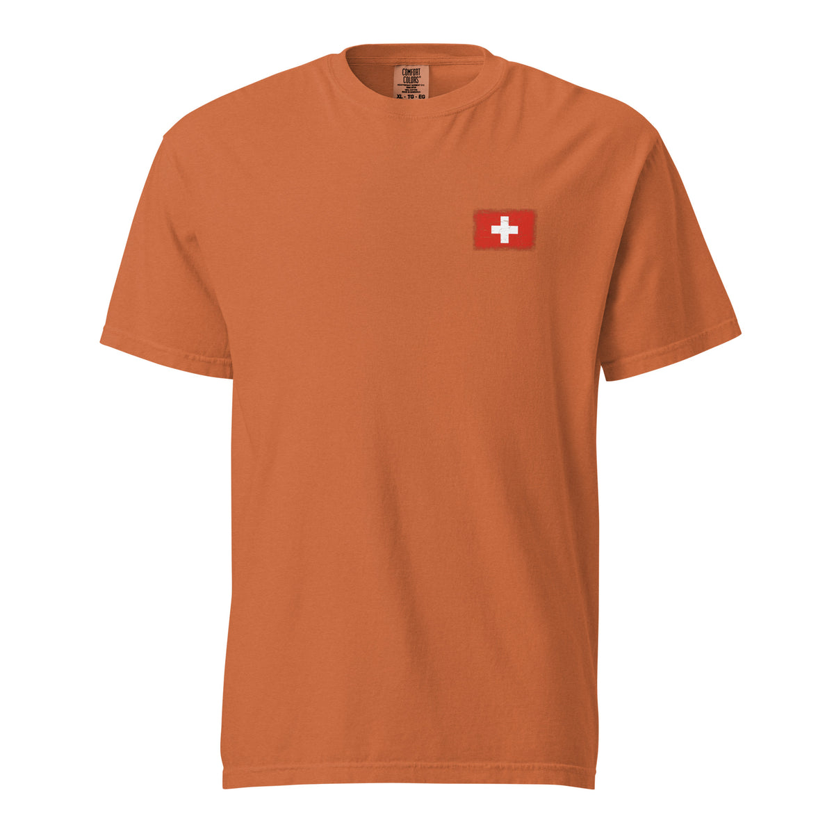Switzerland flag t-shirt in Yam, vintage-washed print, small flag on the left chest, unisex cut, front view