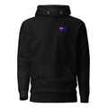 Australia flag hoodie in Black, vintage-washed print, small flag on the left chest, unisex cut, front view