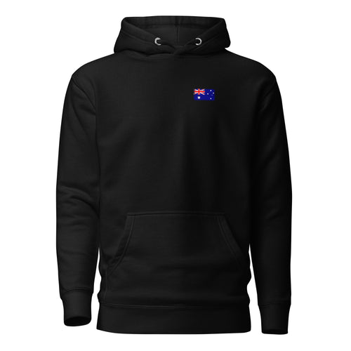 Australia flag hoodie in Black, vintage-washed print, small flag on the left chest, unisex cut, front view