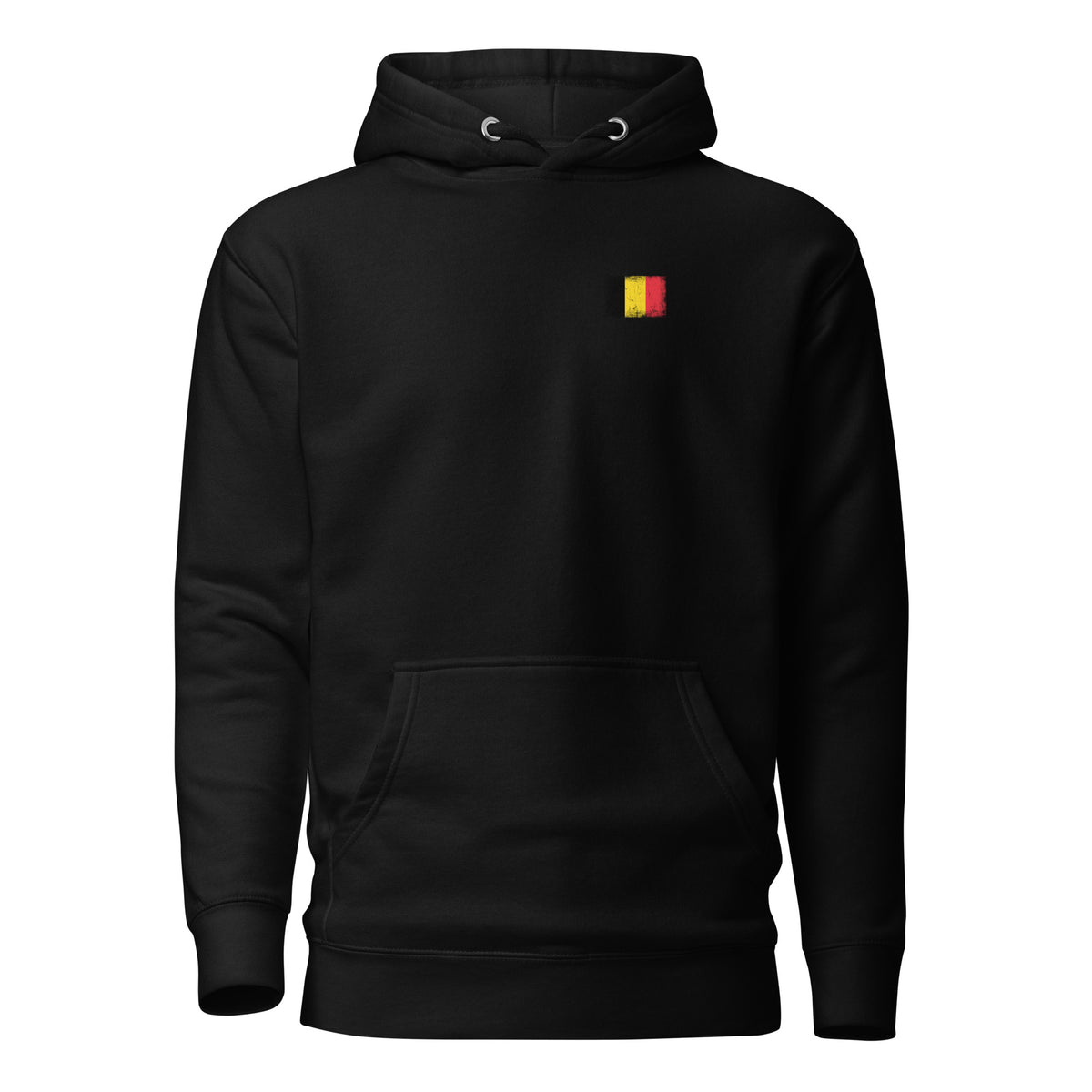 Belgium flag hoodie in Black, vintage-washed print, small flag on the left chest, unisex cut, front view
