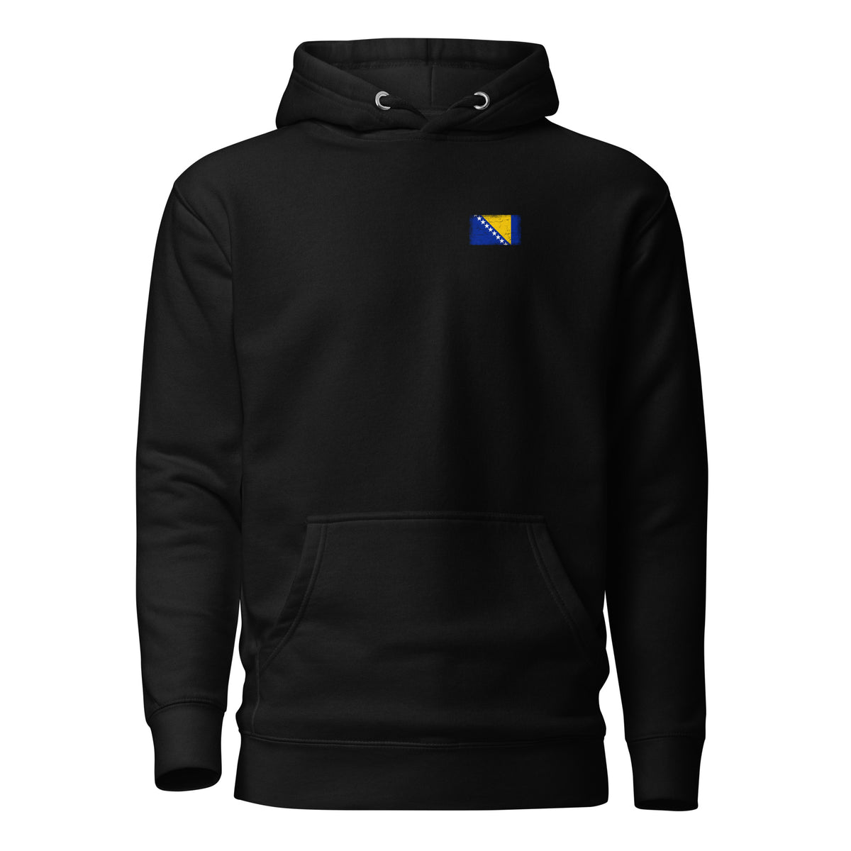 Bosnia and Herzegovina flag hoodie in Black, vintage-washed print, small flag on the left chest, unisex cut, front view
