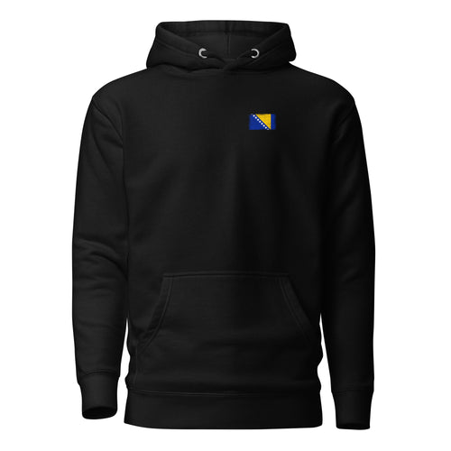 Bosnia and Herzegovina flag hoodie in Black, vintage-washed print, small flag on the left chest, unisex cut, front view