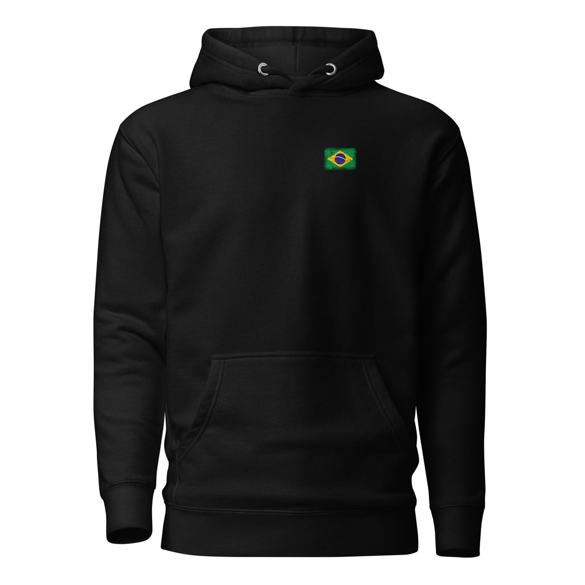 Brasil flag hoodie in Black, vintage-washed print, small flag on the left chest, unisex cut, front view