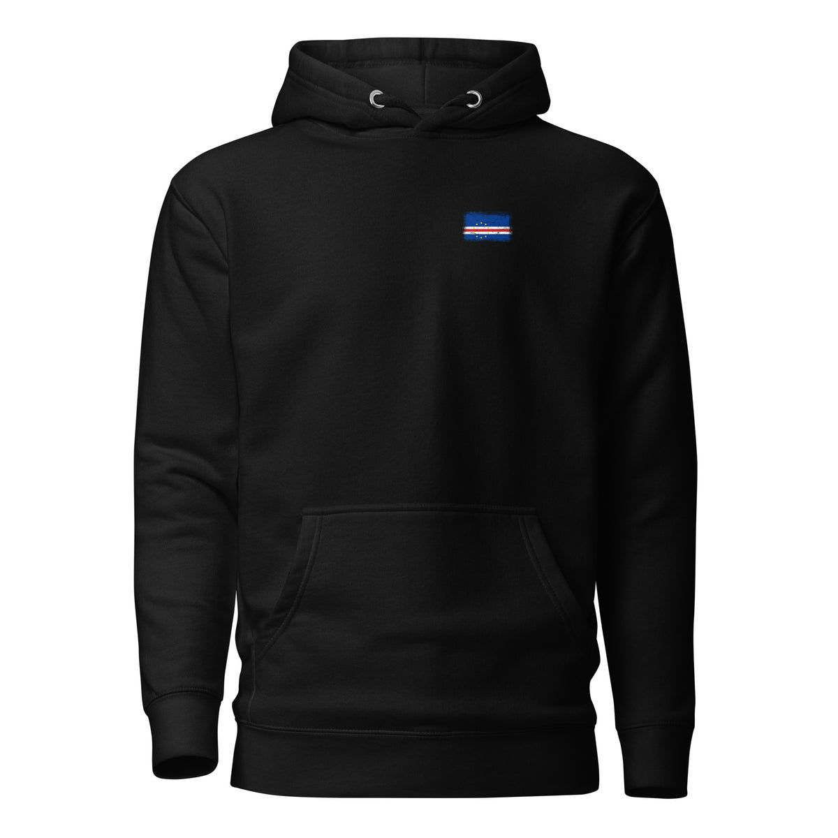 Cape Verde flag hoodie in Black, vintage-washed print, small flag on the left chest, unisex cut, front view