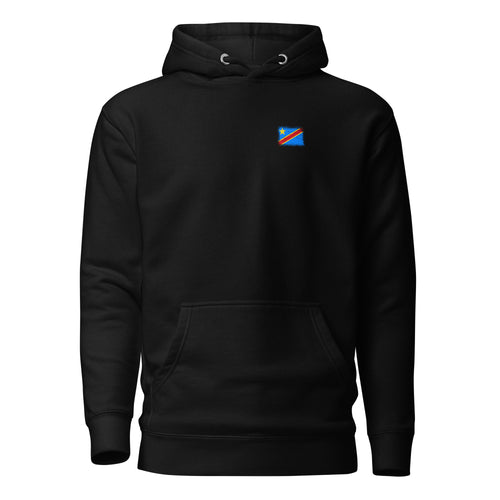 Congo flag hoodie in Black, vintage-washed print, small flag on the left chest, unisex cut, front view