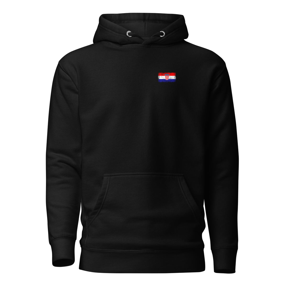 Croatia flag hoodie in Black, vintage-washed print, small flag on the left chest, unisex cut, front view