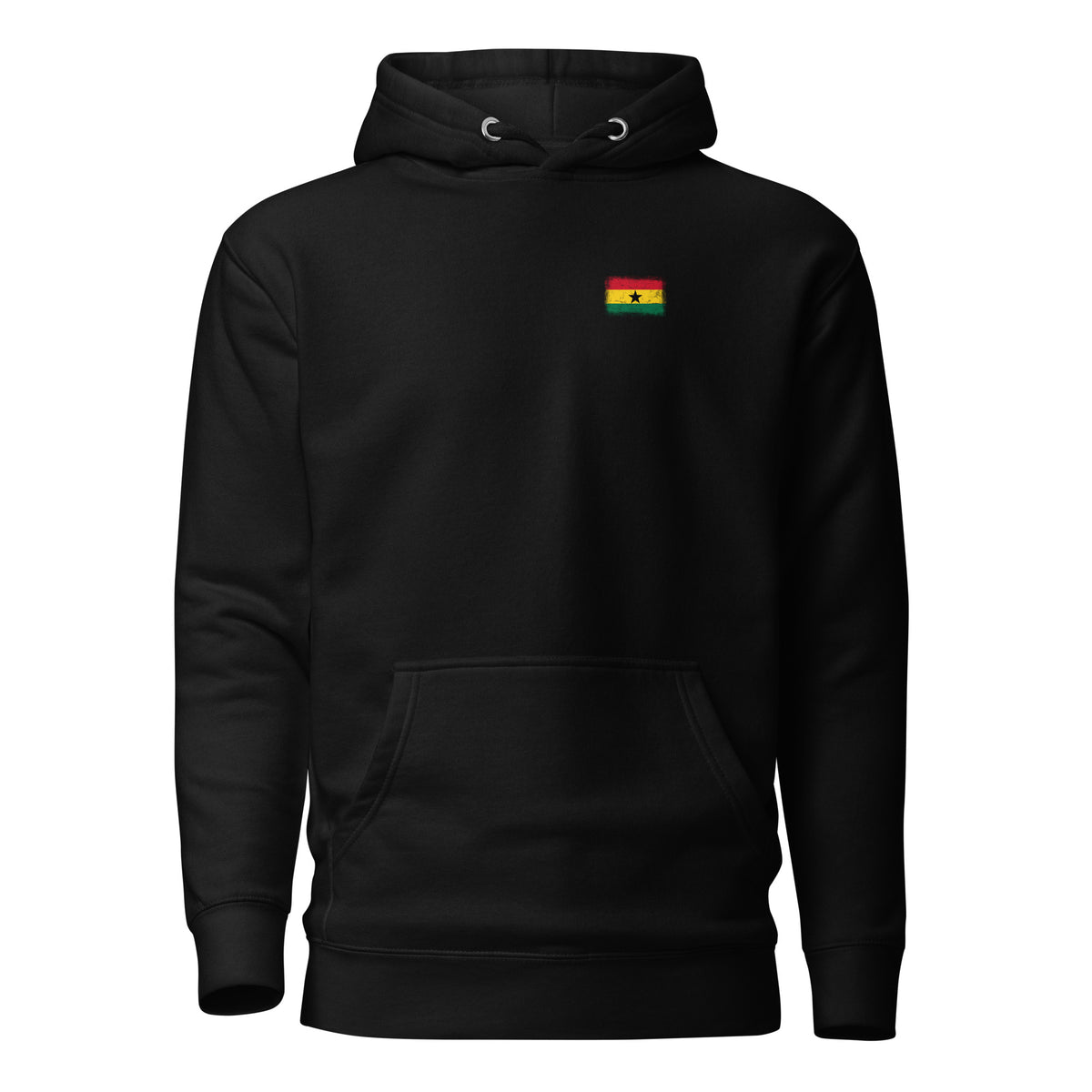 Ghana flag hoodie in Black, vintage-washed print, small flag on the left chest, unisex cut, front view