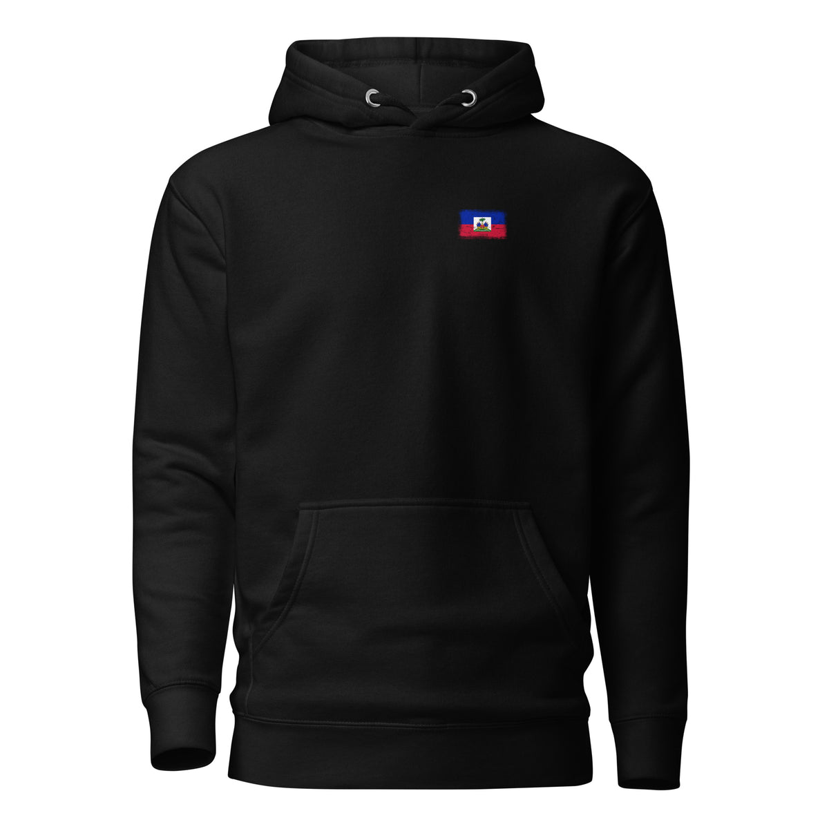 Haiti flag hoodie in Black, vintage-washed print, small flag on the left chest, unisex cut, front view