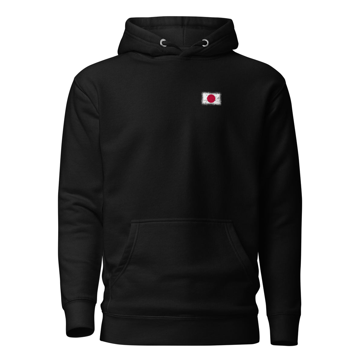 Japan flag hoodie in Black, vintage-washed print, small flag on the left chest, unisex cut, front view