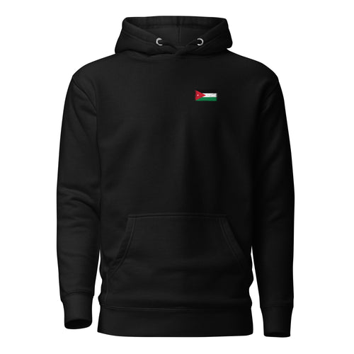 Jordan flag hoodie in Black, vintage-washed print, small flag on the left chest, unisex cut, front view