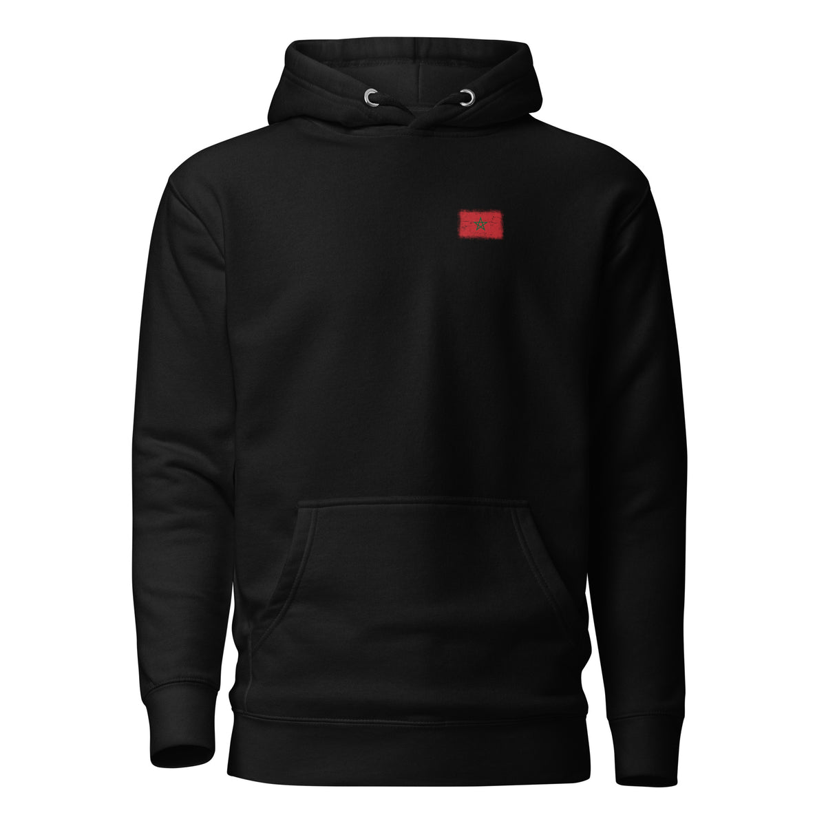 Morocco flag hoodie in Black, vintage-washed print, small flag on the left chest, unisex cut, front view