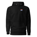 Netherlands flag hoodie in Black, vintage-washed print, small flag on the left chest, unisex cut, front view