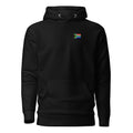 South Africa flag hoodie in Black, vintage-washed print, small flag on the left chest, unisex cut, front view