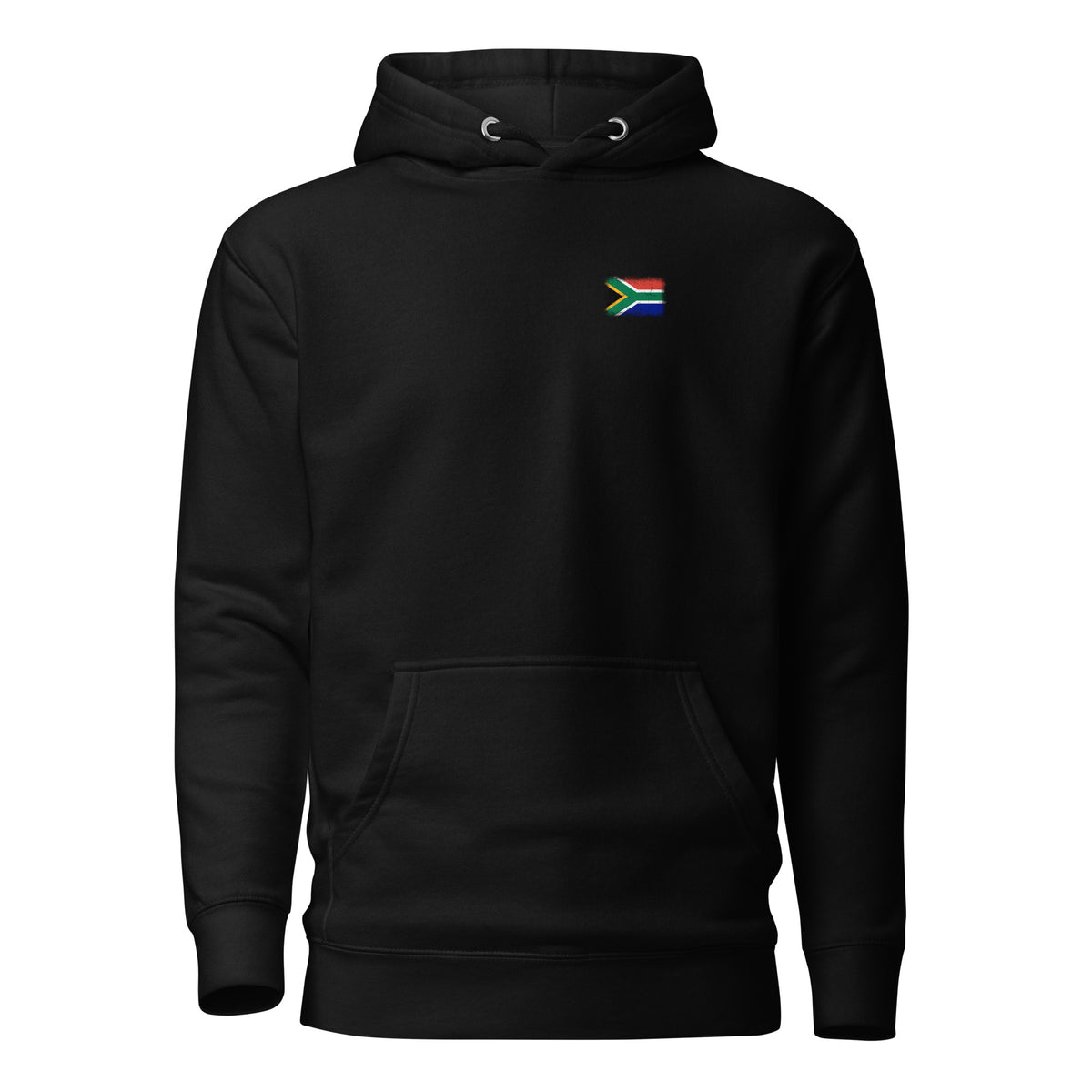 South Africa flag hoodie in Black, vintage-washed print, small flag on the left chest, unisex cut, front view