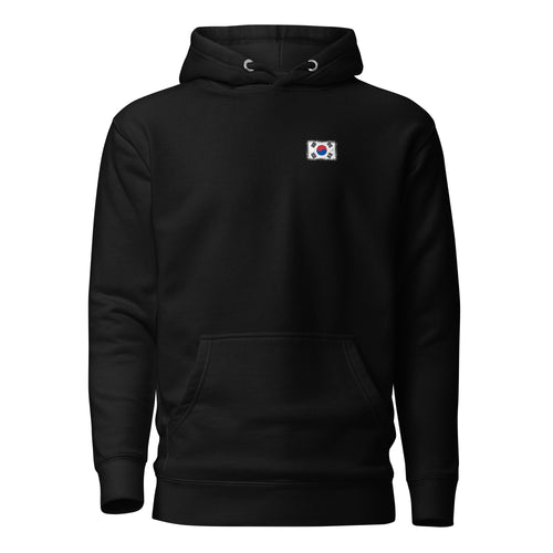 South Korea flag hoodie in Black, vintage-washed print, small flag on the left chest, unisex cut, front view