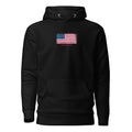 USA flag hoodie in Black, vintage-washed print, flag on the chest, unisex cut, front view
