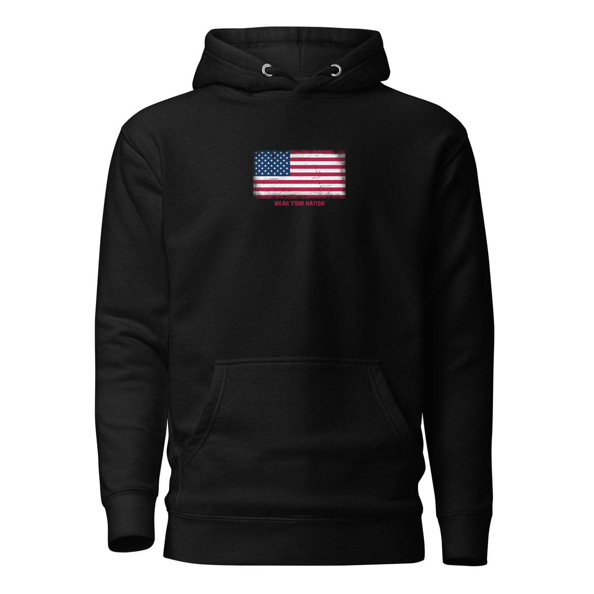 USA flag hoodie in Black, vintage-washed print, flag on the chest, unisex cut, front view