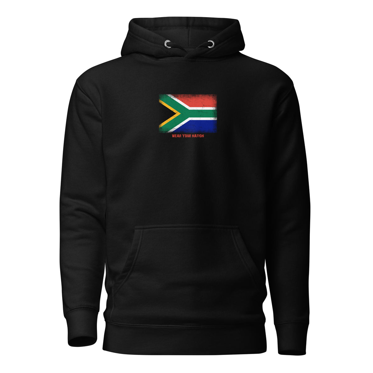 South Africa flag hoodie in Black, vintage-washed print, flag on the chest, unisex cut, front view