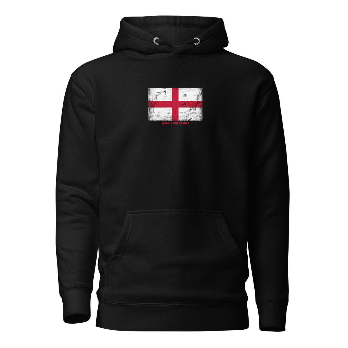 England flag hoodie in Black, vintage-washed print, flag on the chest, unisex cut, front view