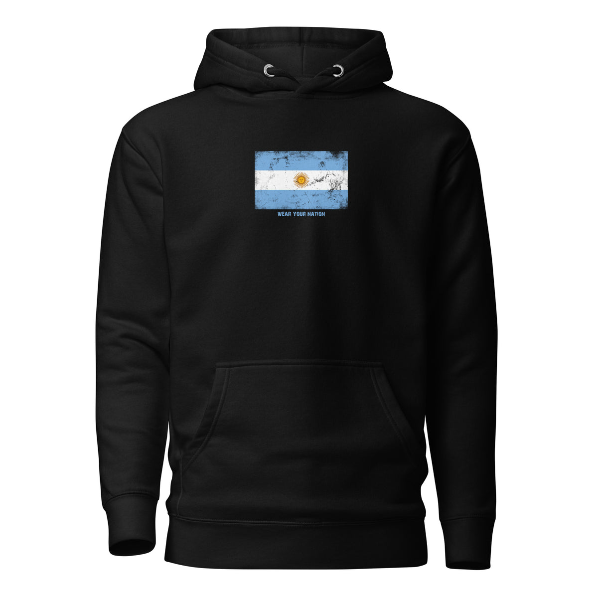 Argentina flag hoodie in Black, vintage-washed print, flag on the chest, unisex cut, front view