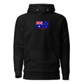 Australia flag hoodie in Black, vintage-washed print, flag on the chest, unisex cut, front view