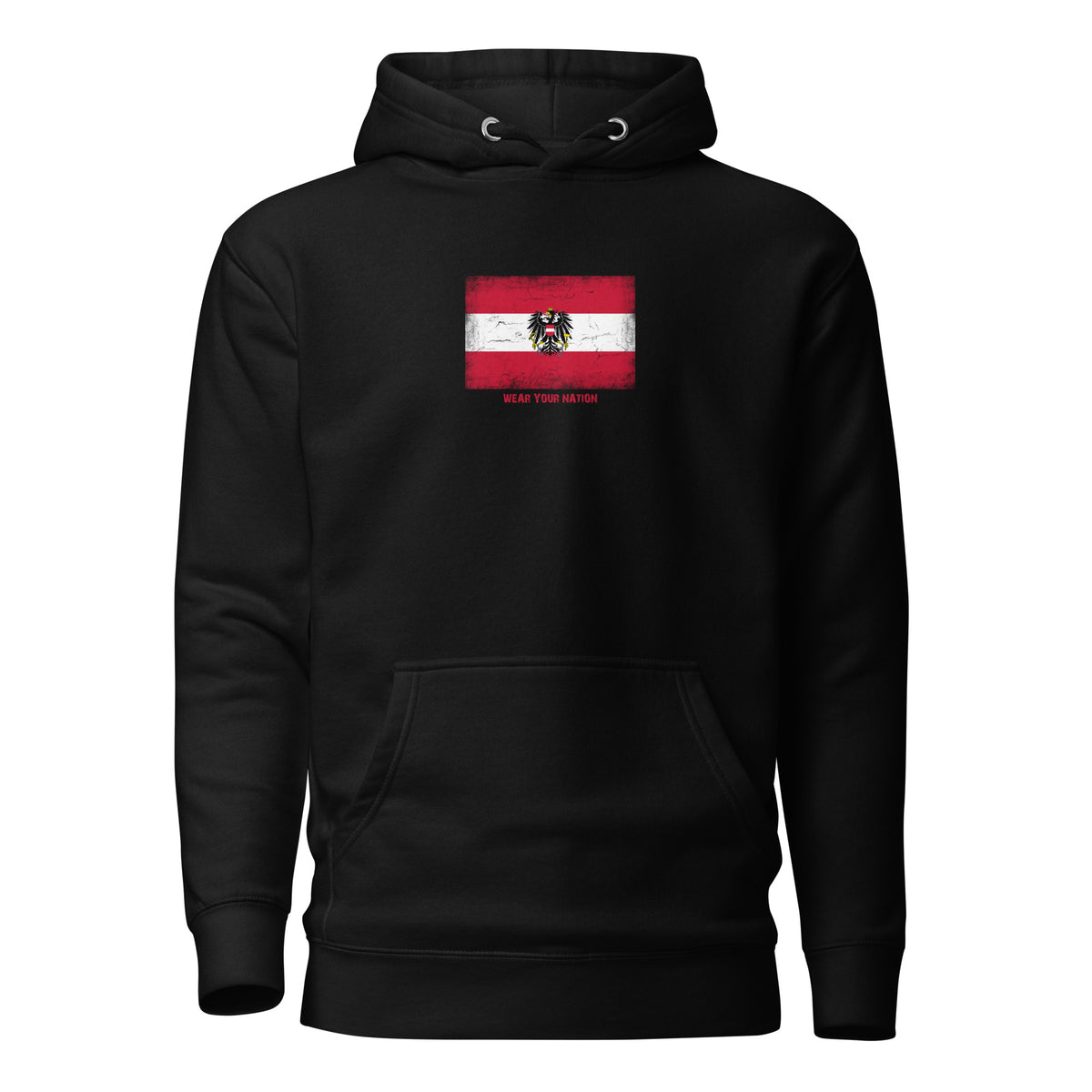 Austria flag hoodie in Black, vintage-washed print, flag on the chest, unisex cut, front view