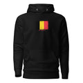 Belgium flag hoodie in Black, vintage-washed print, flag on the chest, unisex cut, front view