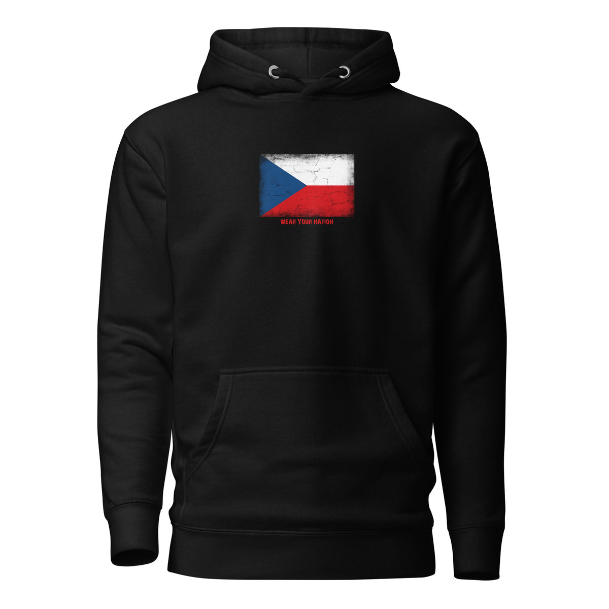 Czechia flag hoodie in Black, vintage-washed print, flag on the chest, unisex cut, front view