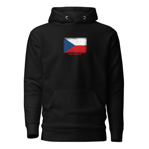 Czechia flag hoodie in Black, vintage-washed print, flag on the chest, unisex cut, front view