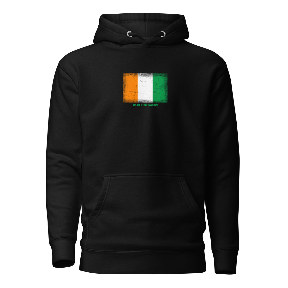 Côte d'Ivoire flag hoodie in Black, vintage-washed print, flag on the chest, unisex cut, front view