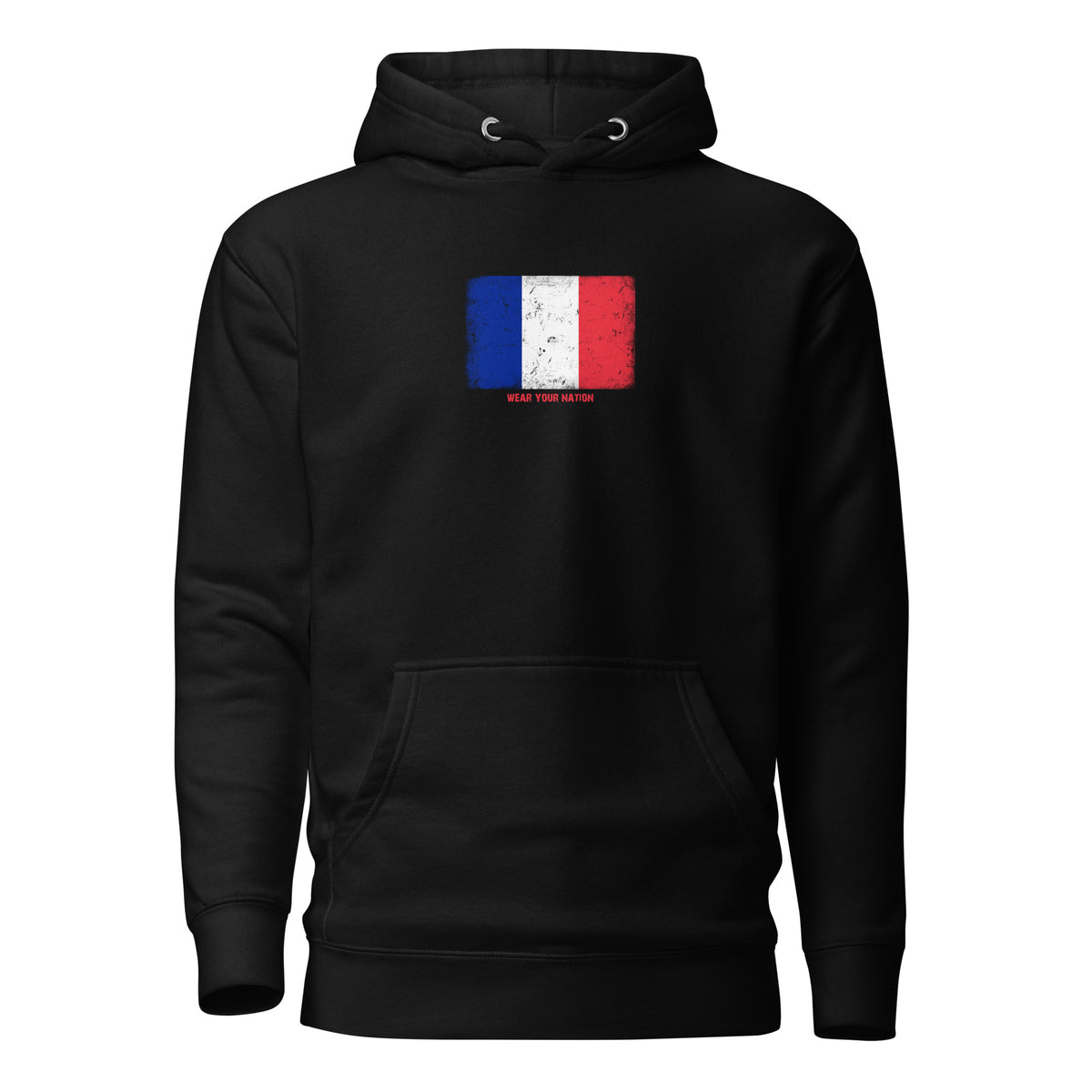 France flag hoodie in Black, vintage-washed print, flag on the chest, unisex cut, front view