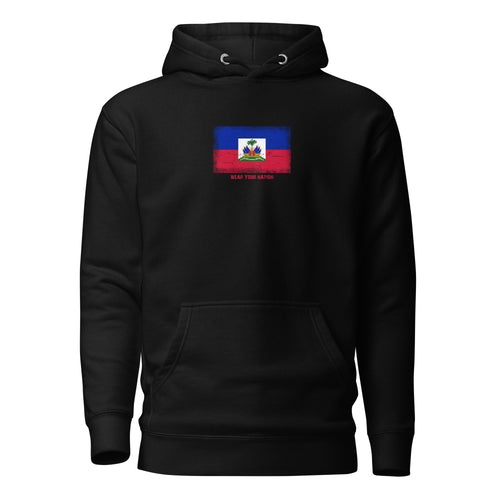 Haiti flag hoodie in Black, vintage-washed print, flag on the chest, unisex cut, front view