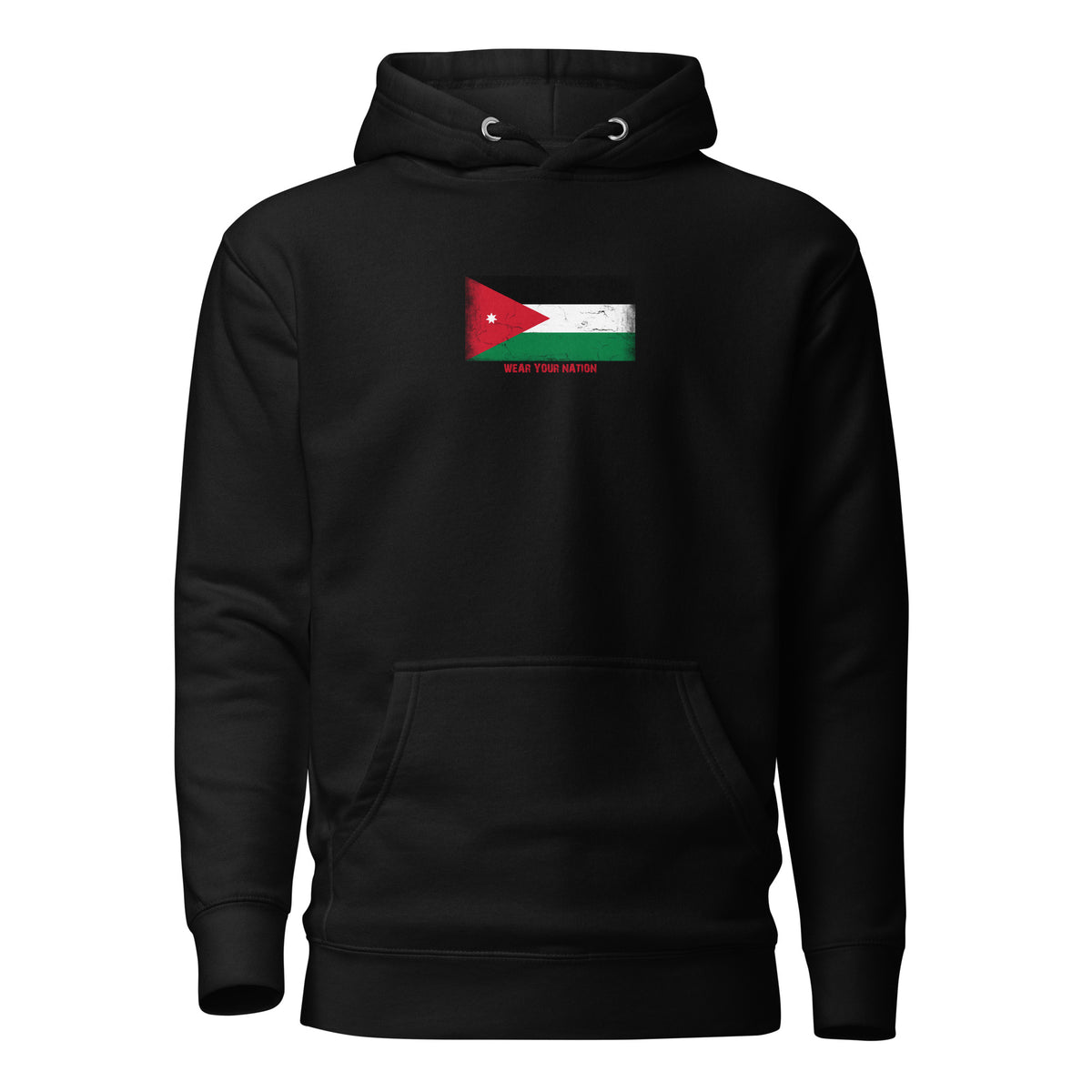 Jordan flag hoodie in Black, vintage-washed print, flag on the chest, unisex cut, front view