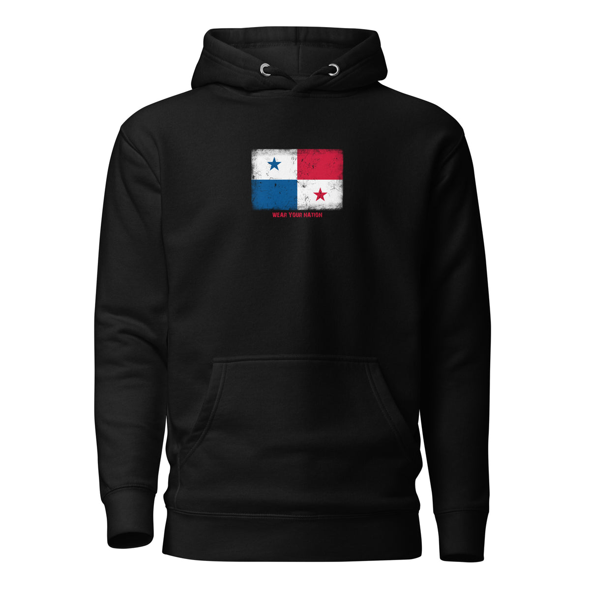 Panama flag hoodie in Black, vintage-washed print, flag on the chest, unisex cut, front view
