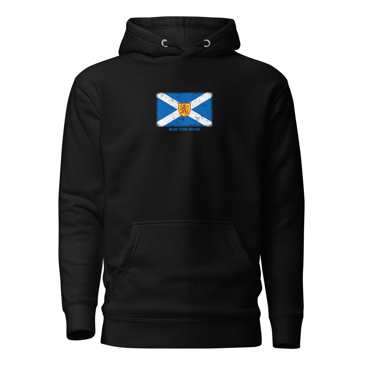 Scotland flag hoodie in Black, vintage-washed print, flag on the chest, unisex cut, front view