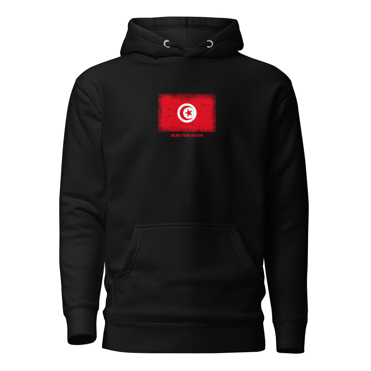 Tunisia flag hoodie in Black, vintage-washed print, flag on the chest, unisex cut, front view