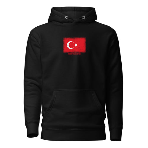 Turkey flag hoodie in Black, vintage-washed print, flag on the chest, unisex cut, front view