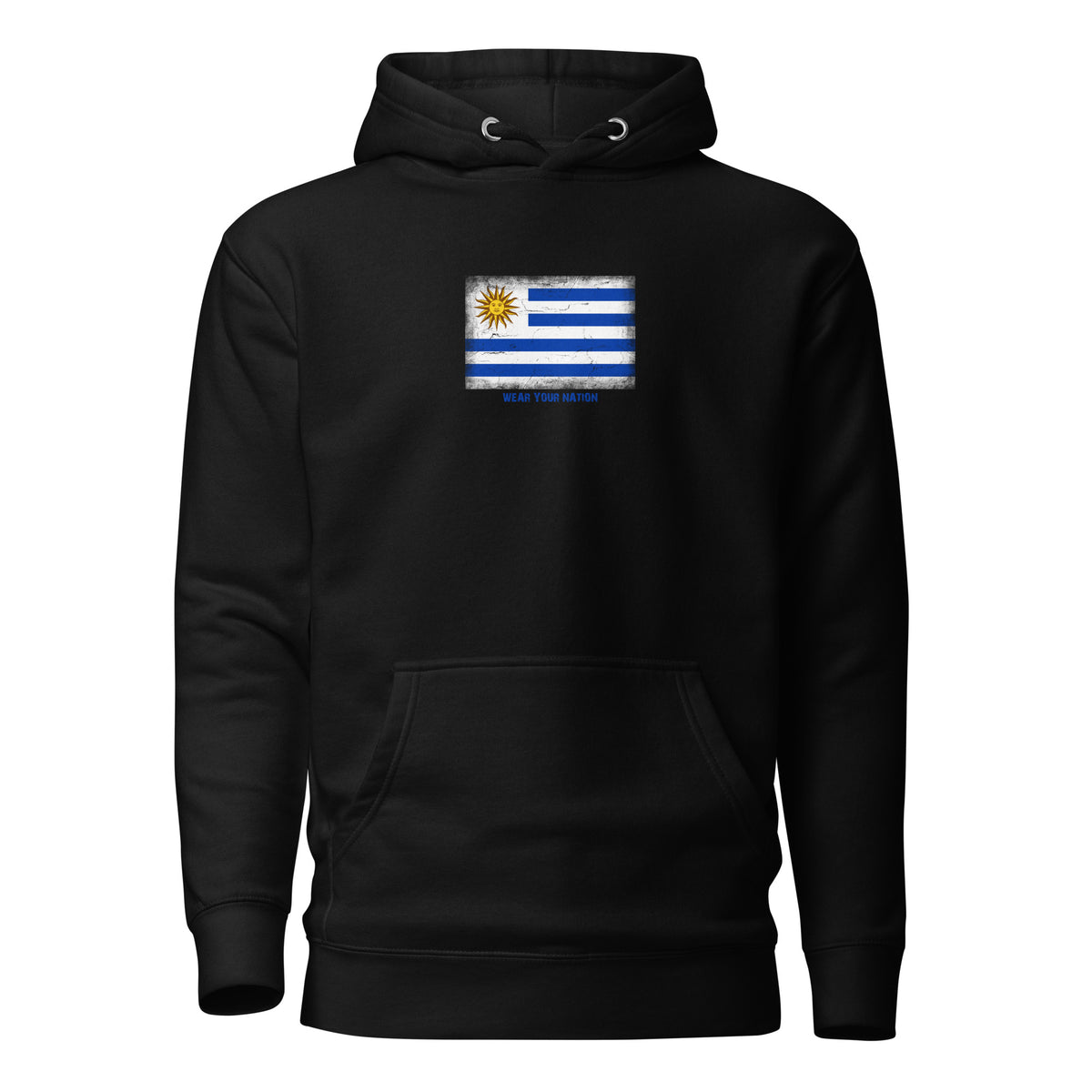 Uruguay flag hoodie in Black, vintage-washed print, flag on the chest, unisex cut, front view