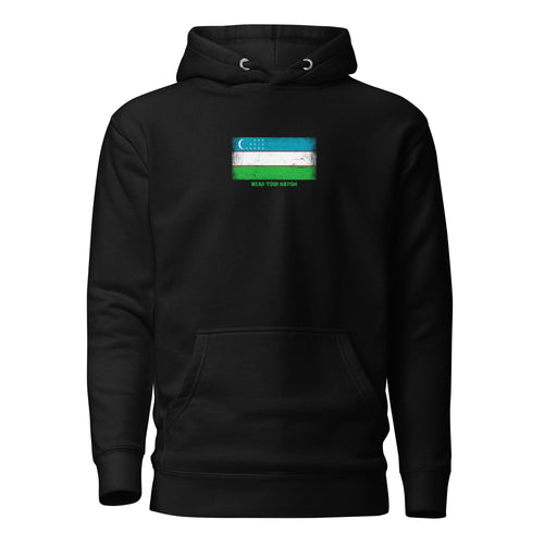 Uzbekistan flag hoodie in Black, vintage-washed print, flag on the chest, unisex cut, front view