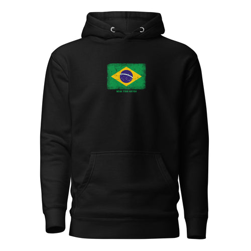 Brasil flag hoodie in Black, vintage-washed print, flag on the chest, unisex cut, front view