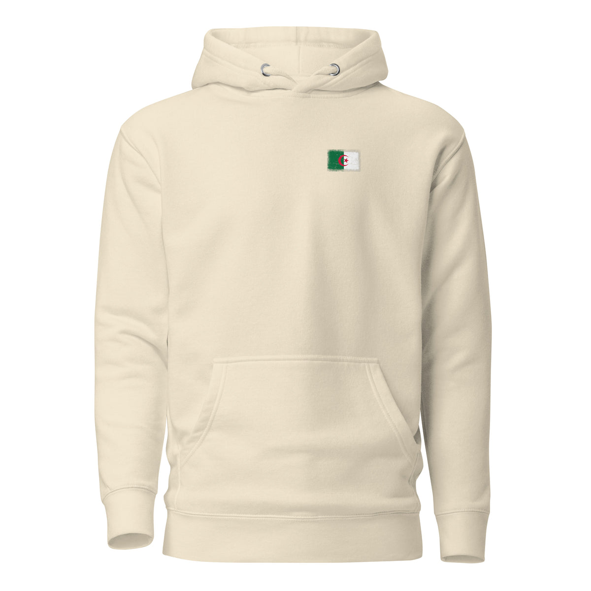 Algeria flag hoodie in Bone, vintage-washed print, small flag on the left chest, unisex cut, front view